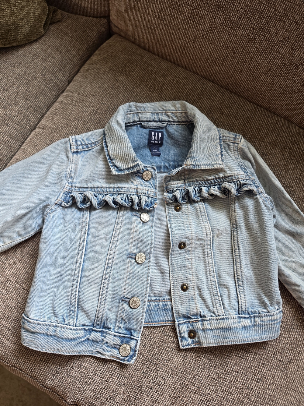 GAP Light Wash Denim Jacket with Ruffle Detail